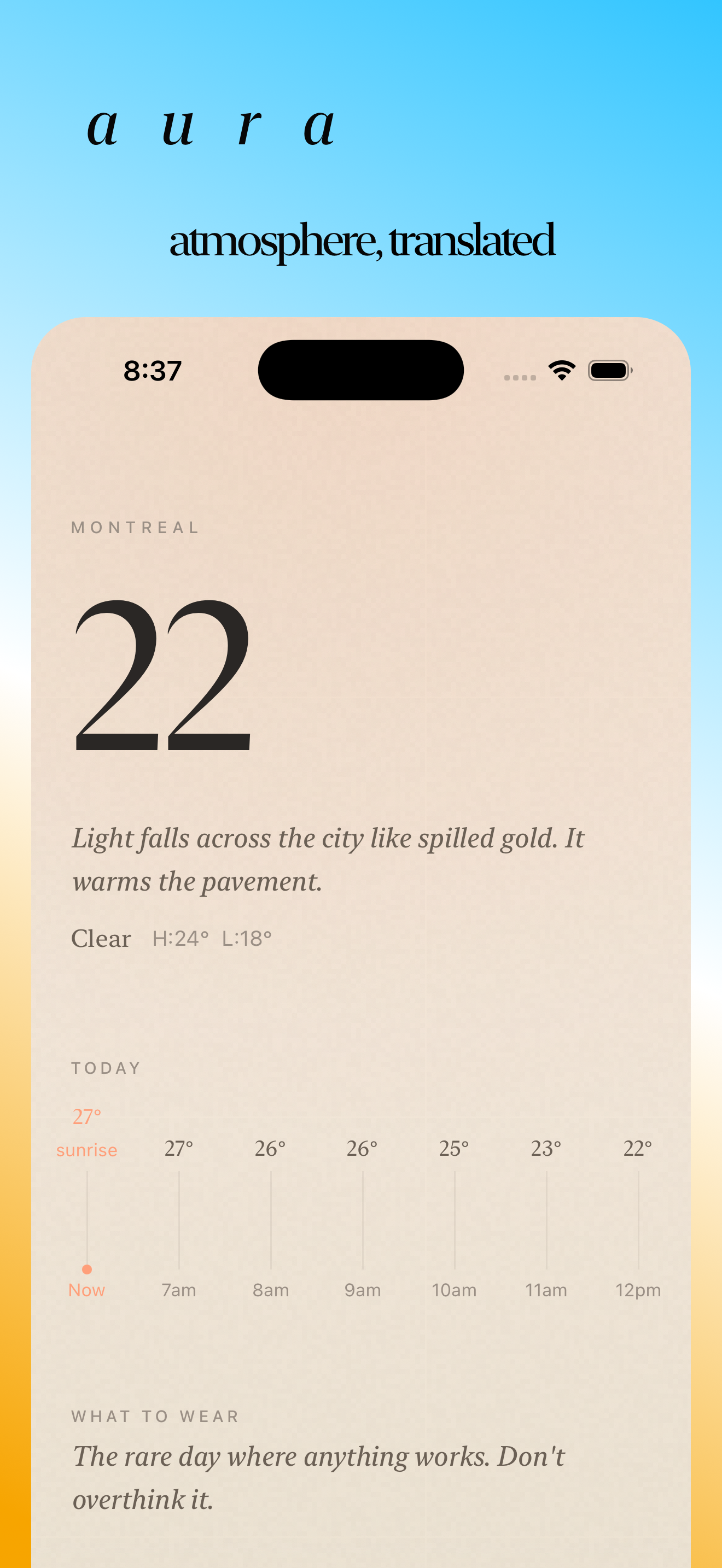 Aura hero — clear weather in Montreal with poetic personality text and hourly forecast