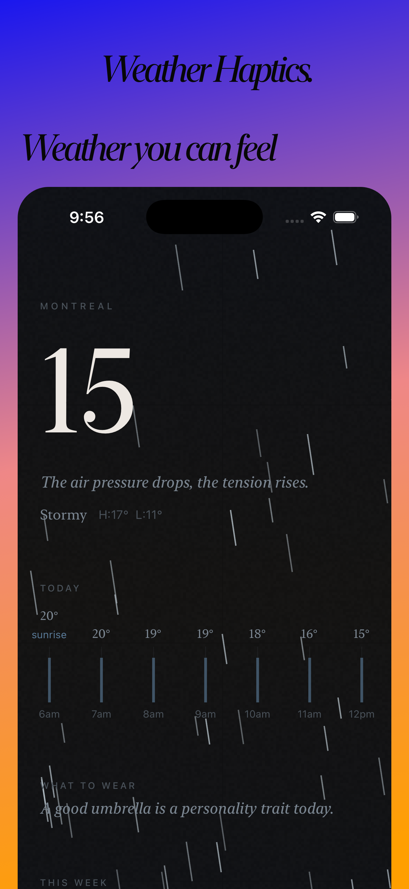 Stormy night with rain particle effects and weather haptics