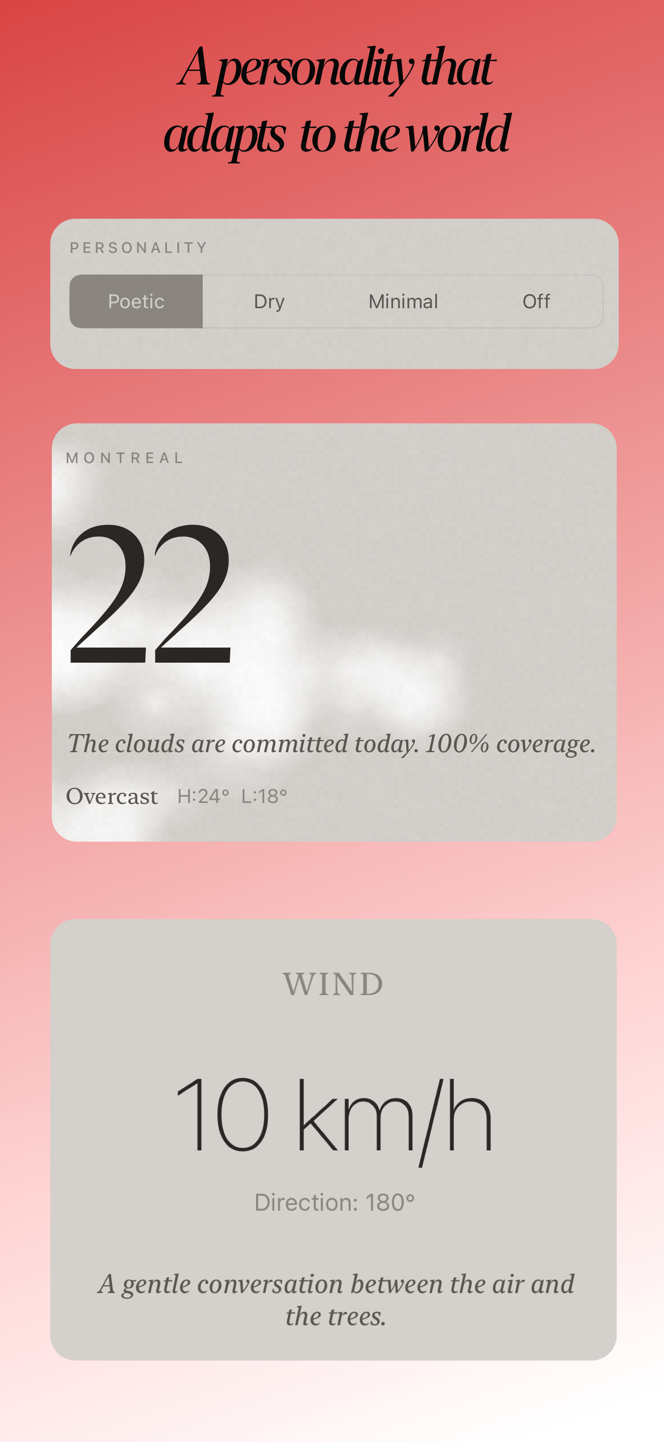 Personality engine with Poetic, Dry, and Minimal modes and wind card