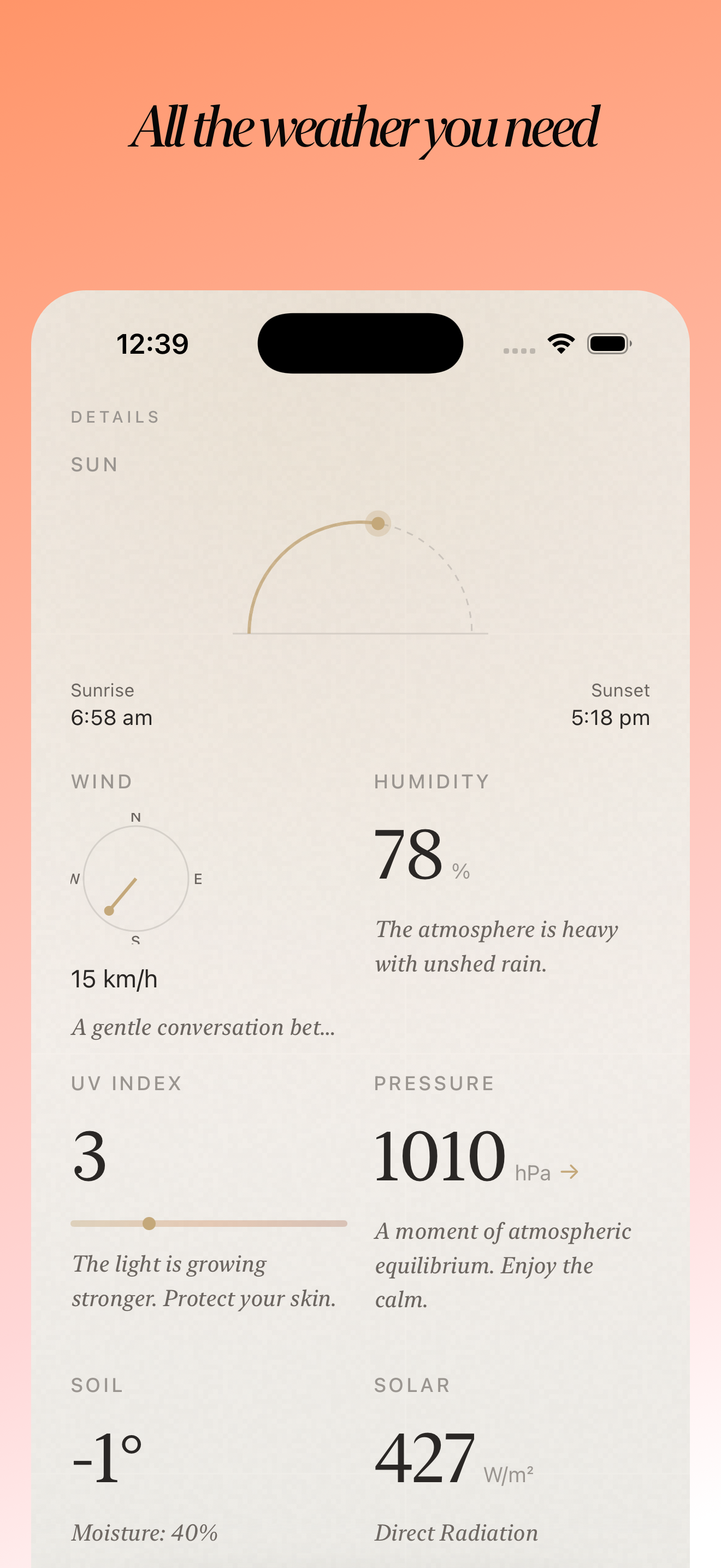Details view with sun arc, wind compass, humidity, UV, pressure, soil, and solar data
